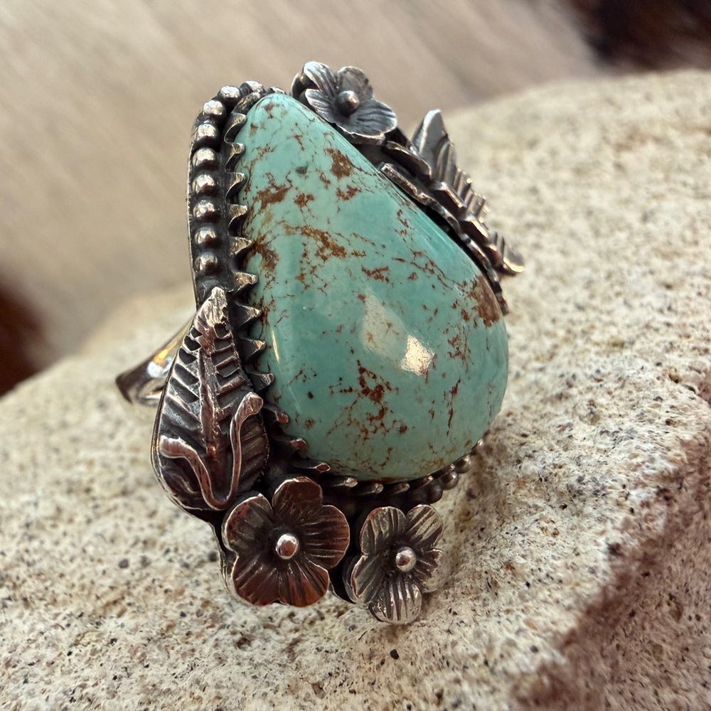 ❤️ Kingman Turquoise Statement Decorative Butterfly Floral Sterling Sz 8.75 Ring - Picture 5 of 15